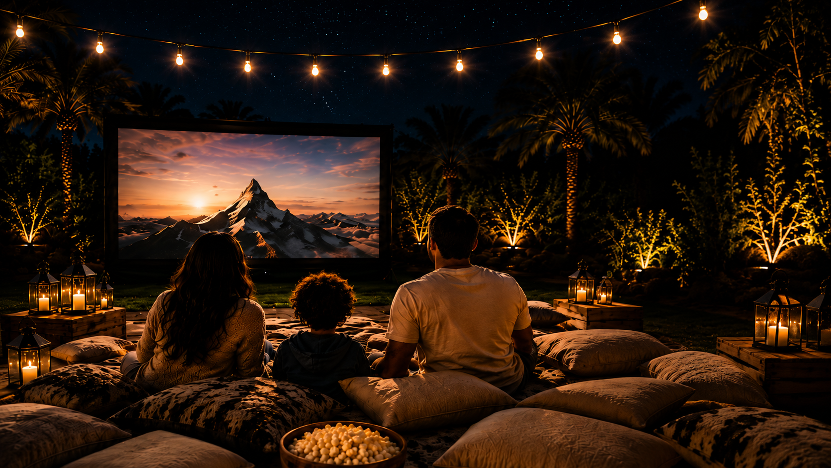 Family enjoying an outdoor movie night under string lights